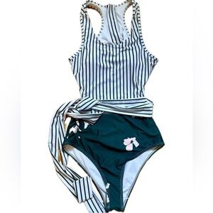 Striped Racerback One-Piece Swimsuit with Green Bottom